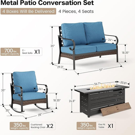 4 Piece Metal Outdoor Patio Furniture Sets with Firepit Table, Patio Conversation Sets 1 2-Seater Sofa, 2 Rocking Sofa with 5.75" Cushion Black Backyard Furniture for Deck, Denim Blue