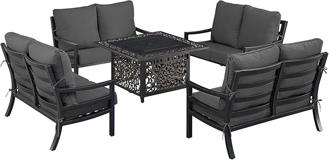Oakland Living Black Aluminum Patio Fire Table Set with Four Deep Seating Loveseat with Cushions with Black Cushions