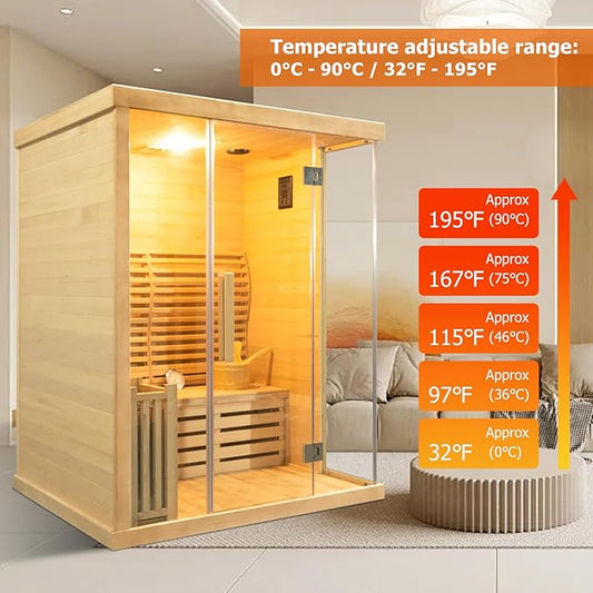 ZONEMEL 3 Person Wooden Steam Sauna Room, Canadian Hemlock Luxurious Indoor Sona House with 6 KW Heater, WiFi Controller, Bluetooth Speaker, Wooden Bucket, Scoop, Reading Light, 220V