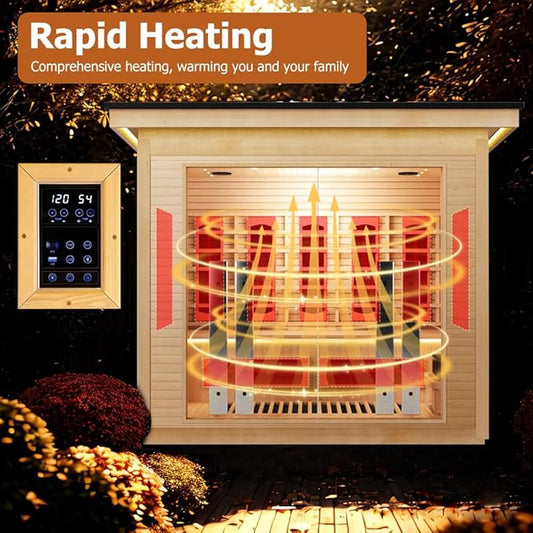 4-5 Person Hybrid Home Wood Sauna, Outdoor WiFi Control Far Infrared & Traditional Hemlock Steam Saunas Spa Room with Red Light Therapy, 14 Heaters& Electric Stove, Accessories, Rightdoor