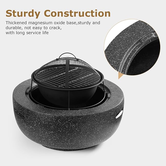 Outdoor Round Fire Pit 23.5” Faux Concrete Burning Firepit Portable Charcoal Grill for Patio Garden Backyard Barbecue, with Spark Screen, Firebowl, Poker, Stainless Steel Rack