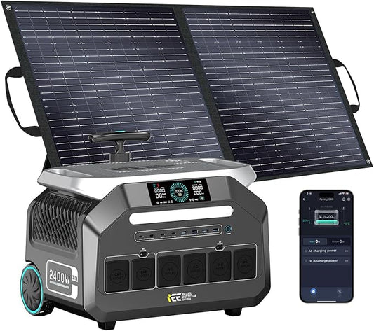 IEE 2400W Solar Generator with pull rod,2048Wh Portable Power Station P2400 With 100W Solar Panel, 4 * 2400w AC Output (5000W Surge),LiFePO4 Battery Power Station for Home Backup, Camping