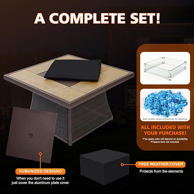42" Propane Fire Pit Table, Patio Dining Fire Pit Table, 50,000BTU CSA Certified, Tile, Aluminum, & Wicker Details, with Lid&Wind Guard, Outdoor Fire Pit Accessories Included, for Garden, Yard