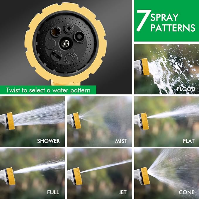 RESTMO Heavy Duty Hose Nozzle, Metal Garden Water Hose Sprayer with 7 Watering Patterns, Thumb Control, On Off Valve, High Pressure Nozzle Sprayer for Watering Plants, Car and Pet Washing, Yellow
