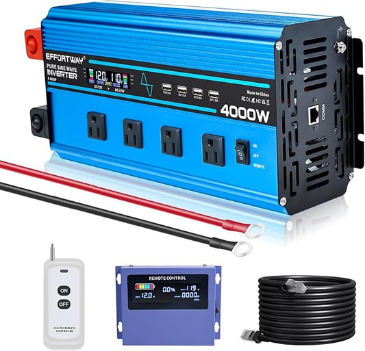 4000w Pure sine Wave Inverter DC 12V to AC 110V/120V Converter, 8000w (Peak) with LCD Display, Wireless/Wired Remote Control, 4AC outlets and 4USB.Ideal for Camping, RV Travel, Off-Grid Solar Systems