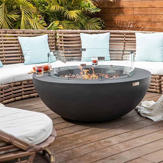 Elementi Lunar Bowl Dark Grey Fire Pit Bundle Includes 42” Propane Concrete Firepit, Glass Windscreen, Stainless Steel Cover, Tank & Canvas Cover, Floor Mat and Beverage Tub