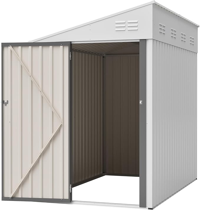 4x7 FT Metal Outdoor Storage Shed, Lean-to Garden Tool and Bike Shed with Lockable Door and Air Vents, Waterproof Sloped Roof Steel Utility Shed for Backyard, Patio, Lawn Equipment, White