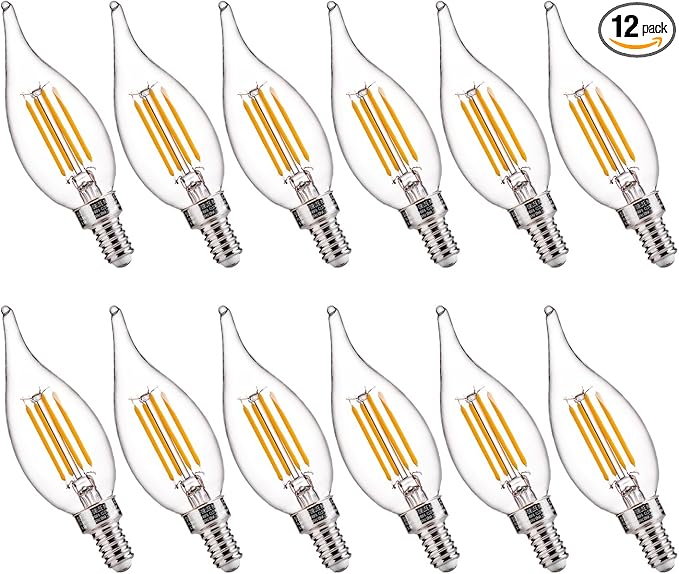 FLSNT Candelabra LED Light Bulbs, CA11 LED E12 Chandelier Light Bulbs 60W Equivalent, 2700K Soft White, 550LM, 5.5W, 90+ High CRI, AC 120V, 12 Pack, Dimmable UL,CA65 Listed.
