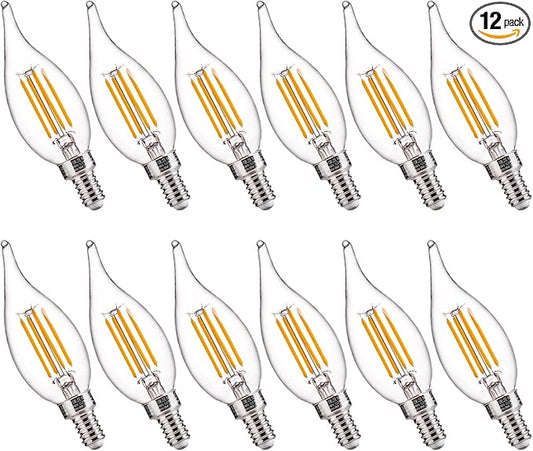 FLSNT Candelabra LED Light Bulbs, CA11 LED E12 Chandelier Light Bulbs 60W Equivalent, 2700K Soft White, 550LM, 5.5W, 90+ High CRI, AC 120V, 12 Pack, Dimmable UL,CA65 Listed.