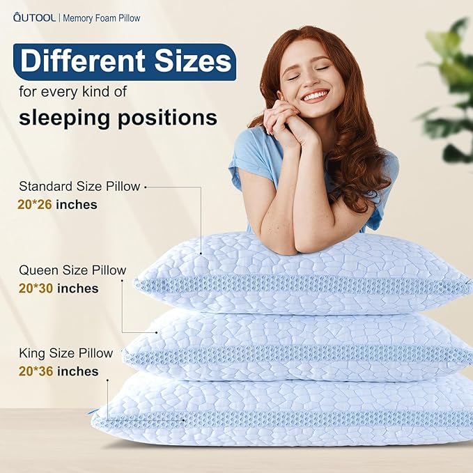 QUTOOL Enhanced Cooling Pillows King Size Set of 2, CertiPUR-US Shredded Memory Foam Pillows 2 Pack for Hot Sleeper, Adjustable Bed Pillow for Side, Back, Stomach Sleepers Support Yet Soft, Home Gifts