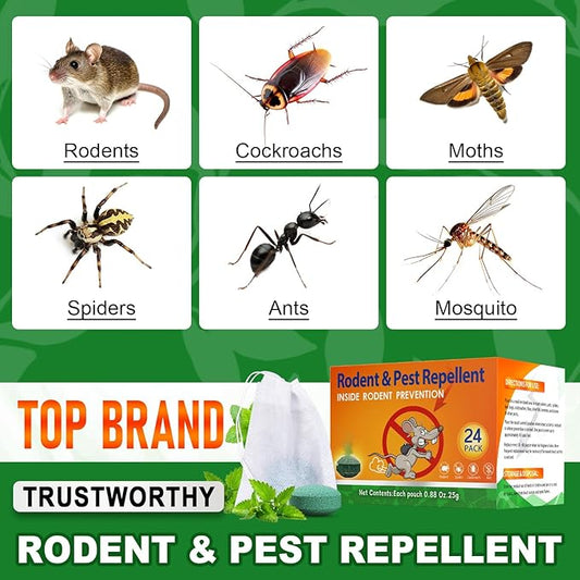 Rodent Mouse Repellent Indoor Outdoor - Peppermint Oil to Repel Mice Mole and Rats, Bug Insect Spider Repellent Pouches, Pest Control Natural Deterrent Safe for Pets & Family 24 Packs