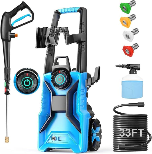 Pressure Cleaner High Power Cleaner with 33ft Pressure Hose, 4 Nozzle and 500ml Foam Cannon for Cars/Fences/Driveways/Patios/Home Cleaning (Navy Blue)