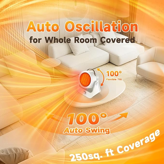 1500W PTC Ceramic Electric Heater, 250Sq.ft 1S Heating, 4 Modes, 100° Vertical & Horizontal 3D Swing Patio Heaters for Outdoor Use, Tip-over&Overheat Safe Space Heaters for Indoor Use Garage