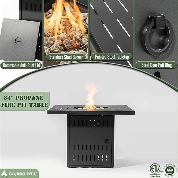 Propane Fire Pit Table, 34" Firepits for Outside, Gas Fire Pit for Outside Patio, Propane Fire Table with Steel Lid, Rocks for Backyard, 50000BTU, Tank Inside, Tank Not Included, Black