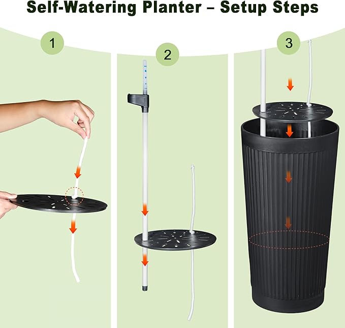 24" Tall Self Watering Planters for Indoor Plants, 2 Pack Large Plastic Outdoor Planter Pots with Built-In Water Reservoir and Level Indicator, Decorative Modern Flower Pots for Home & Patio (Black)