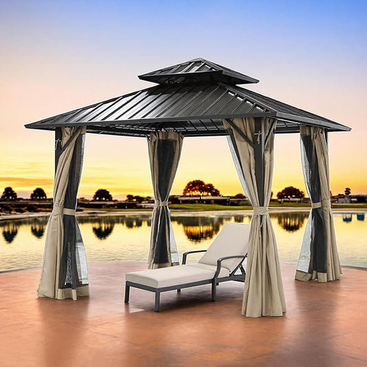 SEEHILL 10' x 10' Hardtop Gazebo, Aluminum Frame Outdoor Patio Gazebos with Netting and Curtains, Outdoor Gazebo Canopy, Patio Pergola with Double Steel Roofs for Backyard, Patio, Deck, Sandstone