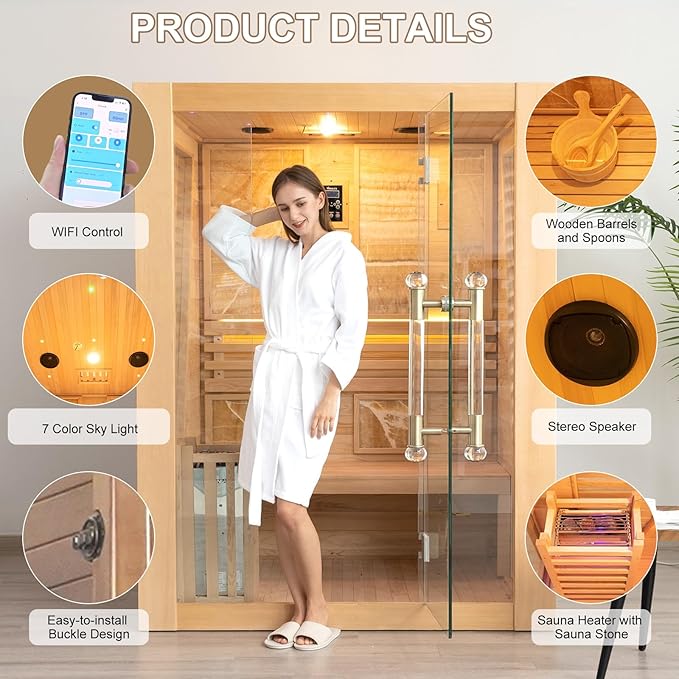 Smartmak Wood Home Steam Sauna, WiFi Control 3 Person Canadian Hemlock Traditional Luxurious Wooden Indoor Spa Room, with 4.5 kw Heater, Speaker, Rocks, Water Bucket, Spoon, Sky Lights