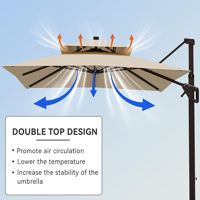 9' X 12' Cantilever Patio Umbrella Double Top Rectangular Outdoor Large Offset Umbrellas with 7 Tilts Adjustable 360°Rotation for Deck Pool Garden Backyard, Beige