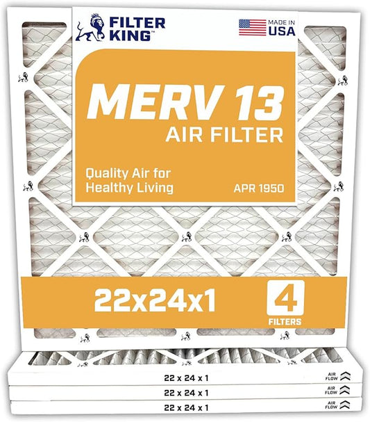 Filter King 22x24x1 Air Filter | 4-PACK | MERV 13 HVAC Pleated A/C Furnace Filters | MADE IN USA | Actual Size: 21.5 x 23.5 x .75"