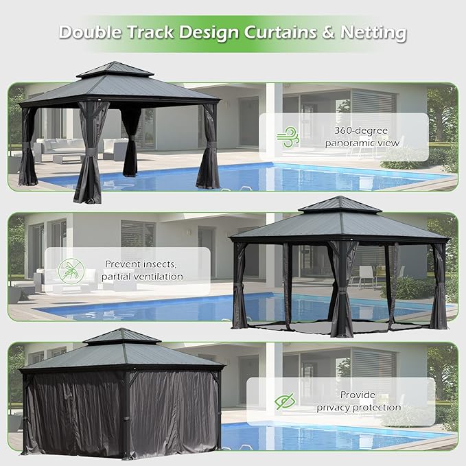 Domi 12’x12’ Hardtop Gazebo with Resin Roof, Outdoor Metal Gazebo with Drainage Gutters, Permanent Heavy Duty Pavilion for Patio, Backyard and Deck, Curtains and Mosquito Netting Included