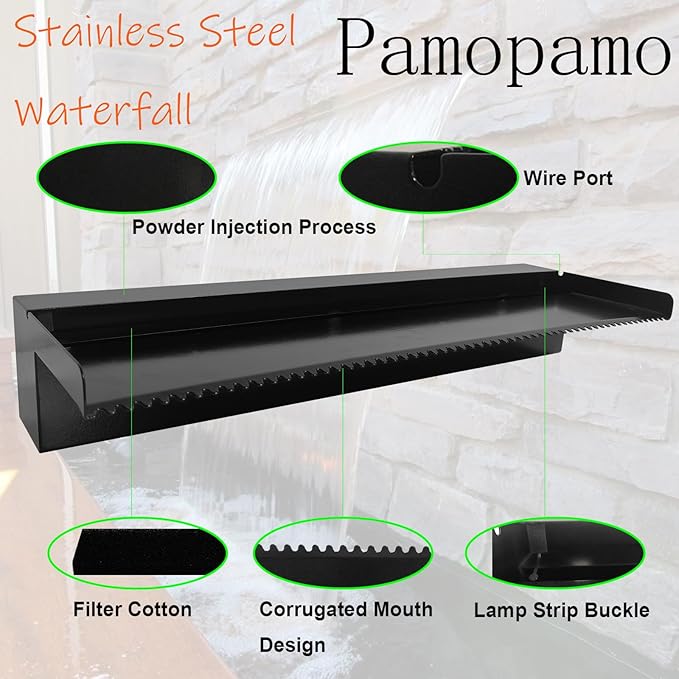 Pond Waterfall Spillway Pool Fountain Water Feature, Black Stainless Steel Outdoor Fountains, Swimming Pool Water Flow Waterfalls Kit for Garden Patio Ponds-23.6"x7.8"x3.9"(NO Light)