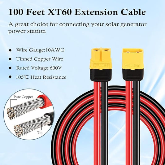 XT60 Extension Cable 10AWG 100FT XT60 to XT60 Cable with Male to Female Connector for Portable Power Station Solar Panel RC Battery