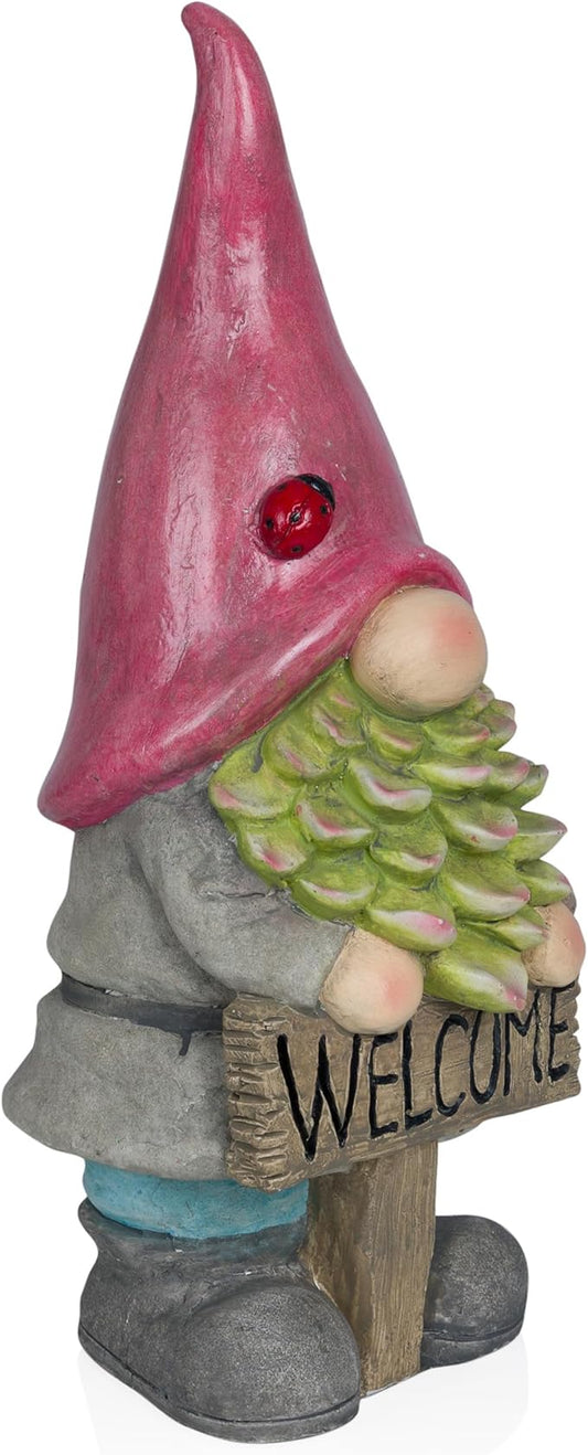 Alpine Corporation 19" Tall Outdoor Red Hat Holding “Welcome” Sign Gnome Statue, Stylish Weatherproof Garden Decor