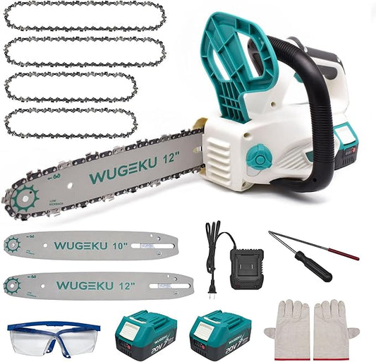 Wugeku 12" & 10" Electric Chainsaw Cordless, 20V Brushless Battery Chainsaws with 2 x 4.0AH Batteries - 4 x Chains, Auto Oiler, Tool-Free Chain Tension, Safety Lock