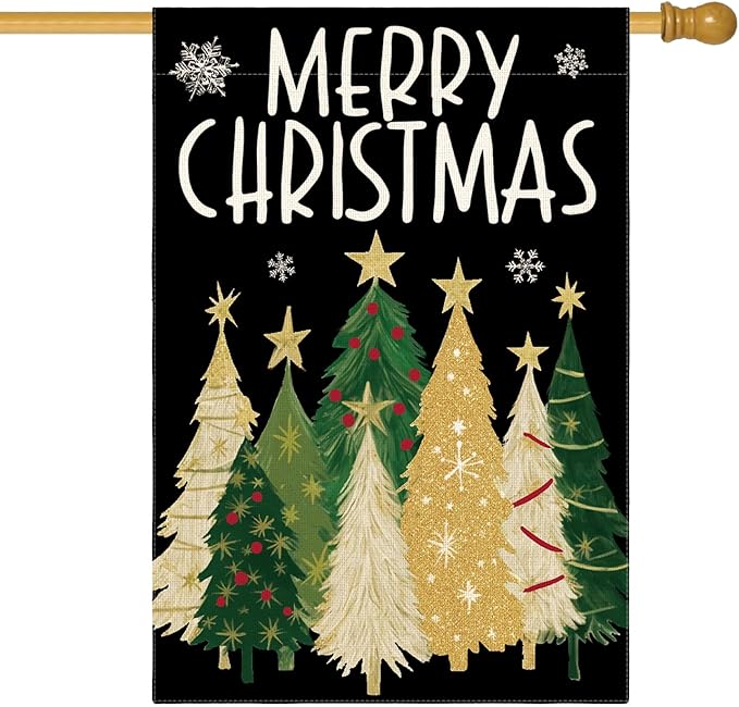 AVOIN colorlife Merry Christmas House Flag 28x40 Inch Double Sided Outside, Christmas Trees Winter Holiday Yard Outdoor Flag Black