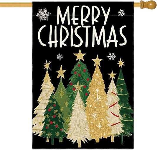 AVOIN colorlife Merry Christmas House Flag 28x40 Inch Double Sided Outside, Christmas Trees Winter Holiday Yard Outdoor Flag Black