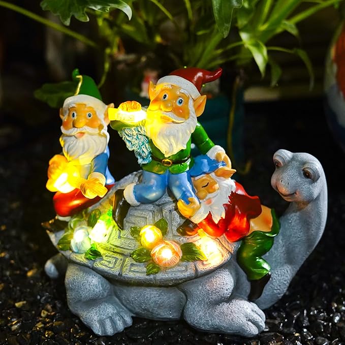 NATASE Upgraded Size Solar Garden Outdoor Statues Gnome Turtle Three Gnomes Having Party on Turtle with 7 LED Lawn Decor Outside Decorations for Patio, Balcony, Yard Ornament Unique Garden Gift