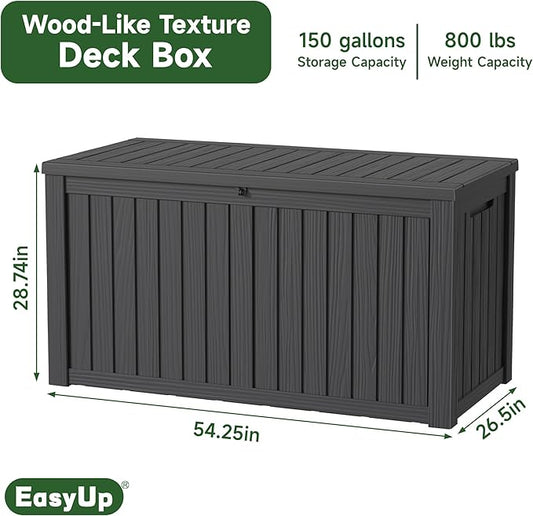EasyUp 150 Gallon Outdoor Storage Box Waterproof, UV Resistant Resin Deck Box with Hydraulic Rod, Reinforced Stability for Patio, Garden, and Pool, Striped Black