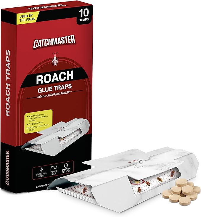 Catchmaster Cockroach Killer Trap with Roach Bait Used by Pest Professionals (10-Pk) - Sticky Glue Roach Traps for House – Kitchen, Bathroom & Garage, Indoor Pest Control and Bug Catcher