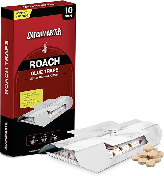 Catchmaster Cockroach Killer Trap with Roach Bait Used by Pest Professionals (10-Pk) - Sticky Glue Roach Traps for House – Kitchen, Bathroom & Garage, Indoor Pest Control and Bug Catcher