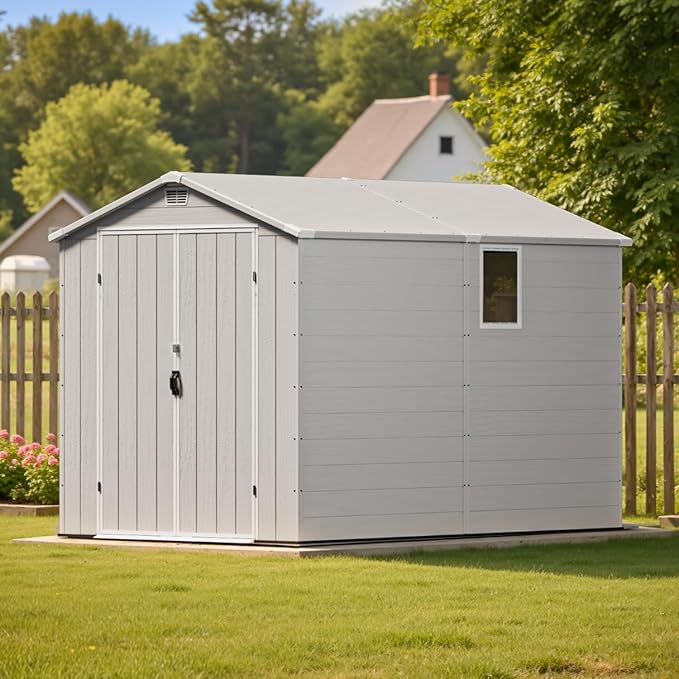 Patiowell 6x10FT Outdoor Storage Shed with Floor, Plastic Resin Garden Shed with Lockable Door, Windows, Weather-Resistant for Lawn Mower, Tool & Backyard Storage (Light Grey)
