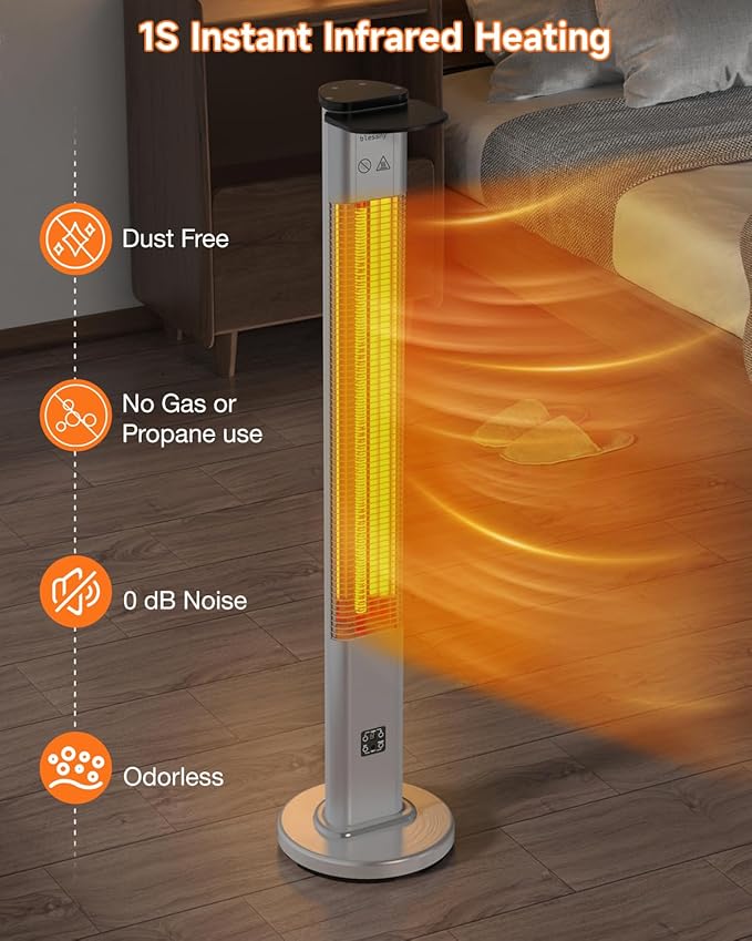 Electric Heater for Patio, 48.5" Large Standing Premium Space Heater IP65 Waterproofed for Indoor or Outdoor Use,1500W with 9 Hours Timer