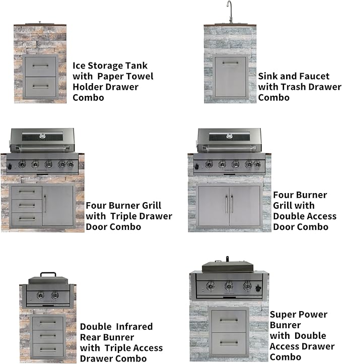 Built in Gas Grill Package: 32" 4-Burner Propane Gas Grill (60,000 BTU) + 26" Powerful Dual Rear Infrared Side Burner + Drop In Storage Drawers + insert Ice Bin + 6 Cooking Conversions