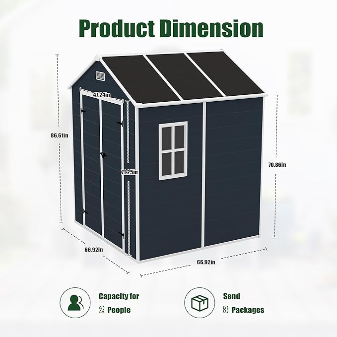 Resin Storage Shed 6x6ft Outdoor Tool Shed with Floor, Window, Lockable Doors and Vents, 12mm Thick pp Board, Storage Sheds for Patio, Garden, Backyard, Lawn (Dark Gray, 6 * 6ft)