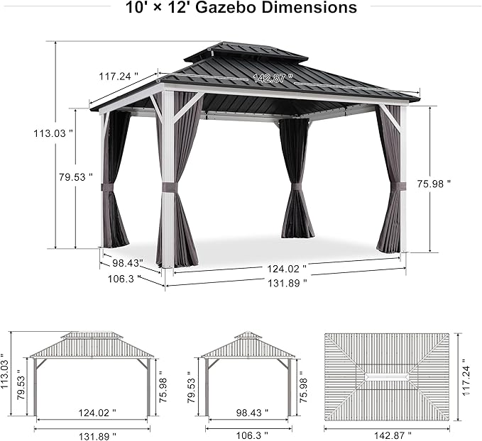 PURPLE LEAF 10' X 12' Hardtop Gazebo Metal Double Roof White Aluminum Frame Outdoor Heavy Duty Gazebo with Curtain and Netting for Patio Garden and Backyard, Grey