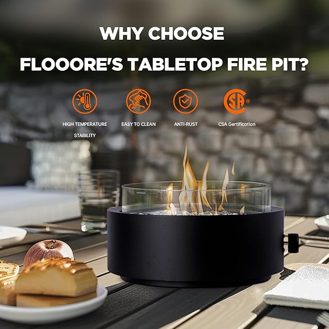 14-inch Tabletop Propane Fire Pit, Outdoor Gas Umbrella-Hole Fire Pit, Portable Fireplace Round Fire Bowl with Wind Glass Guard, Glass Rocks - Black