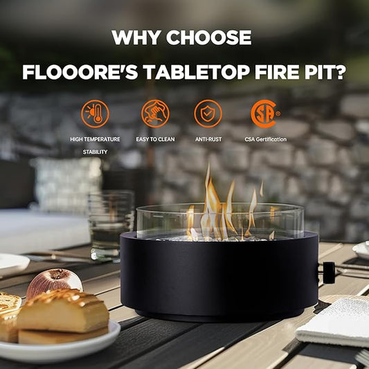 14-inch Tabletop Propane Fire Pit, Outdoor Gas Umbrella-Hole Fire Pit, Portable Fireplace Round Fire Bowl with Wind Glass Guard, Glass Rocks - Black