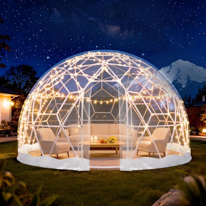 Garden Dome Tent 9.5*5.7FT, 360° View Geodesic Dome Greenhouse with PVC Clear Cover, Waterproof Garden Bubble Dome Tent House with 2 x 10M Light Strings for Outdoor, White