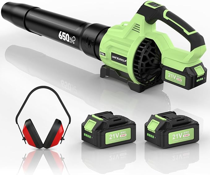 Leaf Blower Cordless,650 CFM & 160 MPH Electric Cordless Leaf Blower with 2 * 4.0Ah Batteries & Noise-Reduction Ear Muffs,3 Speed Powerful Blowing Ideal for Lawn Care, Blowing Leaves, Dust, Snow