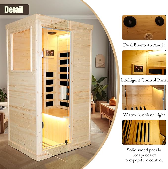 Infrared Sauna Home Traditional Sauna for Home Low EMF 1100W for 1 Person Relaxing Backboard with Control Panel, Bluetooth Speaker, Reading Lamp,Top Starry Sky (Natural Wood, 37.4”×27.5“×67.3”)