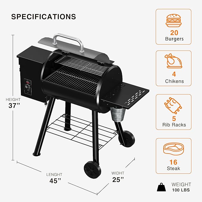 Wood Pellet Smoker Grill and Smoker, 440 SQ. IN Cook Area, Pellet Grill with Base Storage Rack, 500°F Max Temperature, Outdoor Grilling, Smoking, and BBQ (Black)
