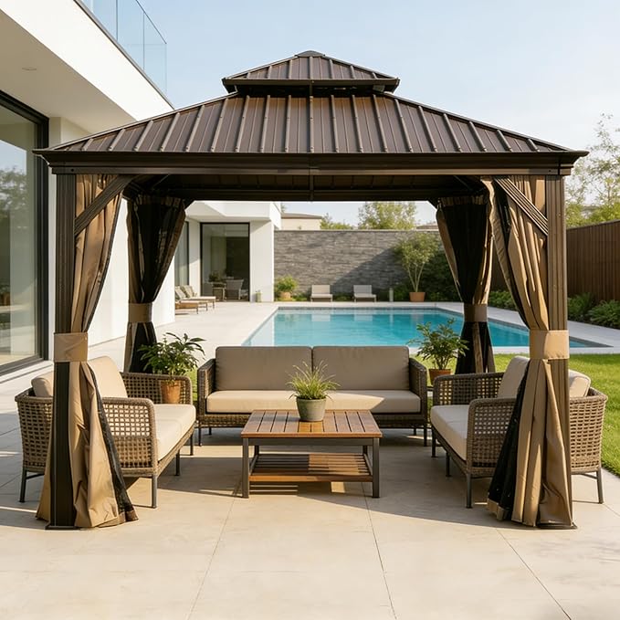 Domi 13x13FT Outdoor Gazebo, Hardtop Gazebo with Galvanized Steel Double Roof, Metal Gazebos with Drainage System Patio Pergola for Patio Deck Backyard,Curtain and Netting,Brown