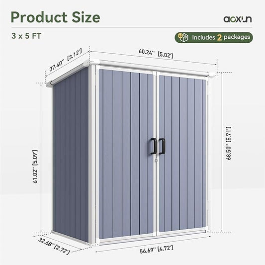 Aoxun 5 x 3 FT Outdoor Storage Shed, Resin Shed with Floor & Lockable Doors, Small Garden Shed Waterproof Plastic Tool Shed with Sloped Roof for Backyard, Garden, Patio, Lawn, Grey