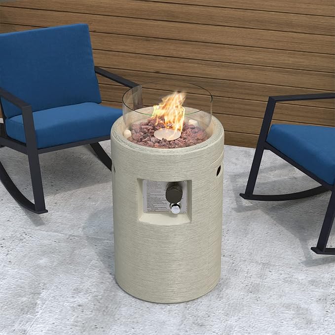 SUNBURY Outdoor Propane Fire Pit, Stone Like Fire Pit Table with Glass Wind Guard, Waterproof Cover, 40000BTUS Small Column Firepit Garden Lighting (Creamy White)