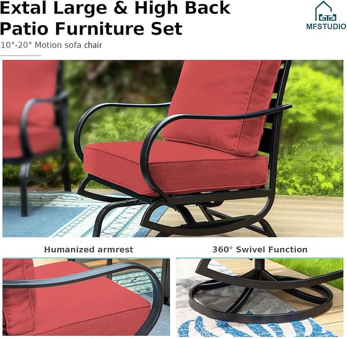 MFSTUDIO 4 Piece Patio Conversation Sets, All Weather Metal Frame Outdoor Furniture Set Patio Sofas with 1 x 45 Rectangular Fire Pit Table,1 x 3-Seat Sofa, 2 x Swivel Chairs, Burgundy Red Cushion