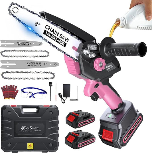 Mini Chainsaw Electric Cordless: 8 Inch & 6 Inch Brushless Chain Saw with 2 Pack Rechargeable Batteries, Battery Powered Handheld Saw for Trees Trimming Wood Cutting, Pink